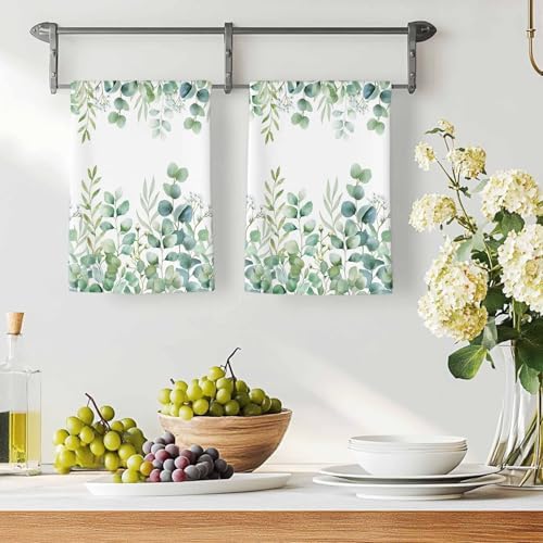 Green Eucalyptus Kitchen Towels Set of 3, Absorbent Dish Towels for Kitchen, Botanical Summer Leaves Country Floral Microfiber Hand Towel, Quick Drying Tea Towel for Cleaning Decorative Dishcloths - Image 3
