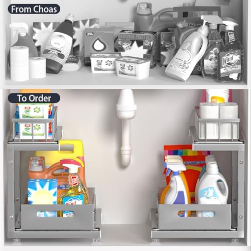 Saydear 2-Pack L-Shaped Under Sink Organizer, 2-Tier Pull-out Cabinet Rack - Image 2