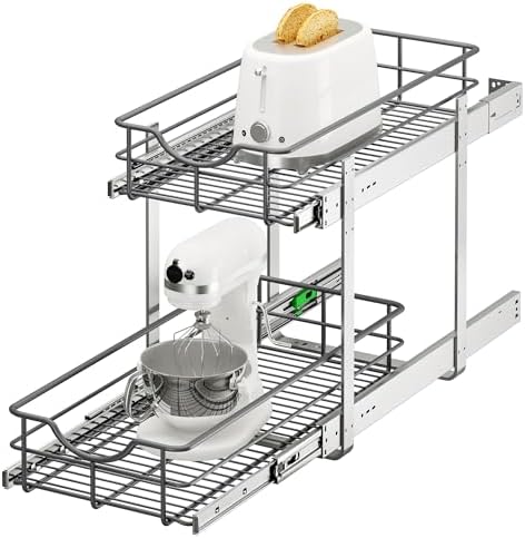 2 Tier Pull Out Cabinet Organizer - 11" W x 22" D Soft Close Slide Out Shelves with Shelf Liners - Pullout Drawers for Kitchen Cabinets, Pantry, Bathroom, Heavy Duty Steel Wire Baskets by Unknown