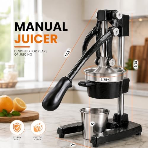 Cast Iron Juicer – Heavy Duty Manual Citrus Press | Hand Juicer Squeezer for Orange, Lemon, Lime, Grapefruit & Pomegranate | Countertop Juice Press with Stainless Steel Cup & Removable Strainer, Black - Image 3