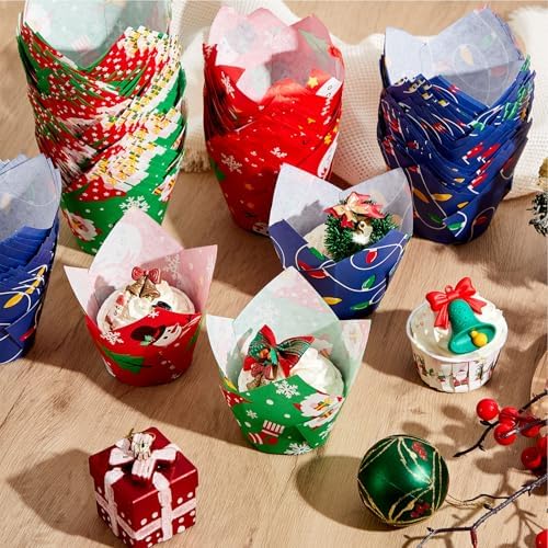 Motiskyy 300 Pcs Jumbo Muffin Liners for Baking 2-1/4" x 4" Large Tulip Cupcake Liners Greaseproof Cupcake Wrapper Paper for Weddings Birthday Christmas Anniversaries Party (Christmas Color) - Image 4