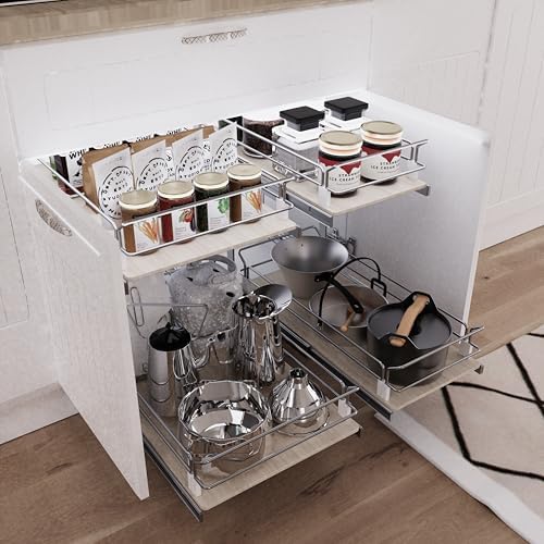 2 Tier Pull Out Cabinet Organizer 17.45" W X 22" D, Wood & Chromed - Image 6