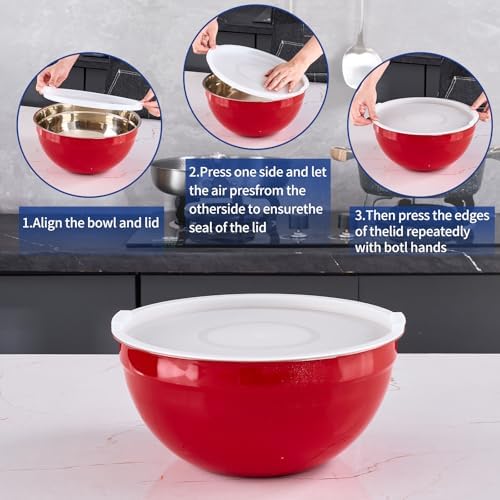 Red Mixing Bowls With Airtight Lids,Stainless Steel Bowl,Salad Bowls 7 Piece Colorful Nesting Bowl Red Kitchen Accessories,Size 7,3.6,2.7,2.1,1.5,1.1,0.8QT Stackable Design - Image 3