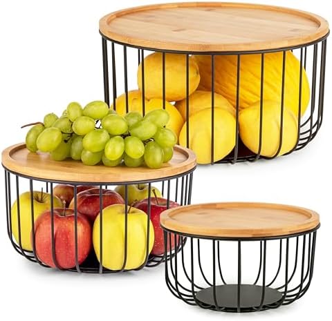 Fruit Basket for Kitchen Counter Set of 3 - Large Stackable Baskets with Bamboo Lid - Fruit Bowl, Perfect Holder For Fruits and Vegetable Storage -Keep Your Countertop Classy, Tidy and Slightly Fruity by Unknown