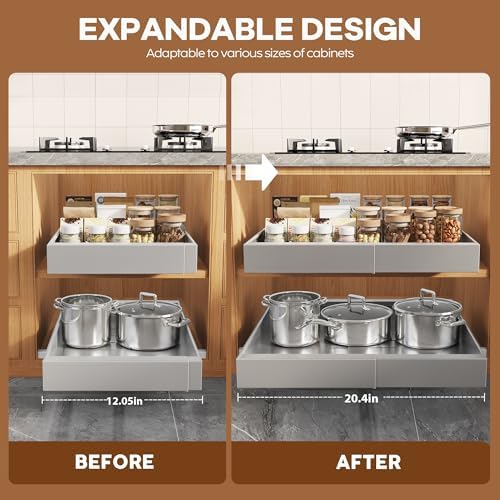 Seinloes 4 Pack Expandable Pull Out Cabinet Organizer 21"Deep With Raising Pad for Framed Cabinets,Slide Out Drawers With 4pcs Divider Racks,No Drill Roll Out Shelf,Adjustable Width 12.05"-20.4"Silver - Image 3