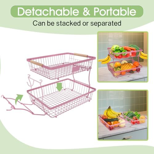 Fruit Basket Bowl 2 Tier Detachable with 2 Banana Hangers, Fruit Stand Holder for Kitchen Countertop, Metal Wire Vegetable Storage Organizer, for Bread Snack Veggies Produce, pink - Image 4