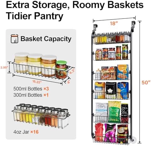 Delamu Over the Door Pantry Organizer, 6-Tier Metal Pantry Door Organization and Storage, Hanging Kitchen Basket Spice Rack Seasoning Shelves, Cabinet Door Organizer for Easy Install,D5xW18xH50inch - Image 3
