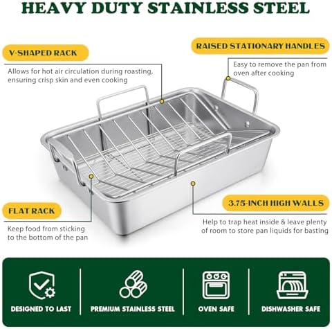 E-far Roasting Pan, 16 x 11.5 Inch Stainless Steel Turkey Roaster with V-shaped & Flat Rack, Non-toxic & Heavy Duty Deep Broiling Pan, Dishwasher Safe - Large - Image 3