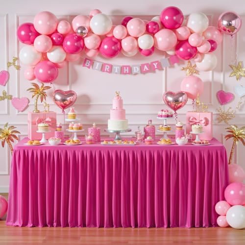 PARTISKY 1 Pack Hot Pink Tablecloths for Rectangle Tables 8ft, Wrinkle Resistant Spandex Table Cover Fitted Stretch Table Cloth with Pleated Ruffle Skirts for Party Banquet Dining Birthday Wedding - Image 5