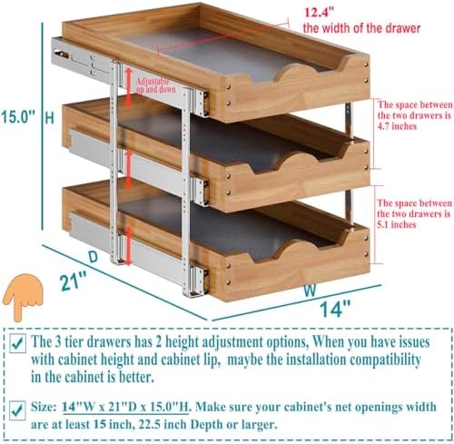 OCG Pull Out Drawer 14" W x 21" D, 3 Tier Pull Out Cabinet Organizer, Heavy-Duty Slide Out Drawer for Cabinets, Base Cabinet Organization for Kitchen, Pantry, Bathroom - Image 2
