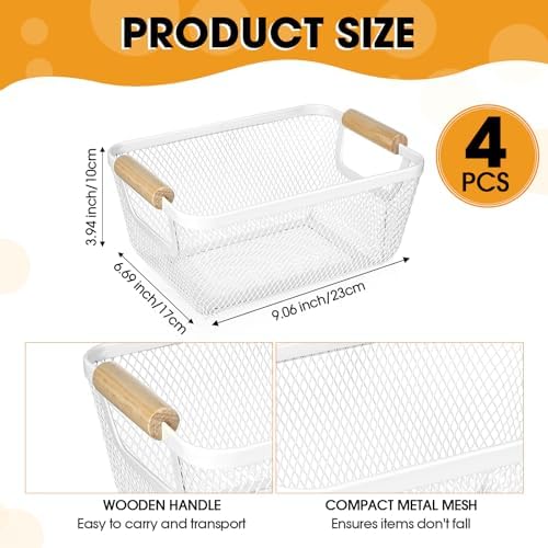 Ziliny 4 Pcs Metal Mesh Wire Baskets with Wooden Handles for Organizing, Pantry Organizers and Storage Steel Bin Kitchen Baskets for Fruit Potato Onion Snacks Bathroom Cabinet(Small,Cream White) - Image 2
