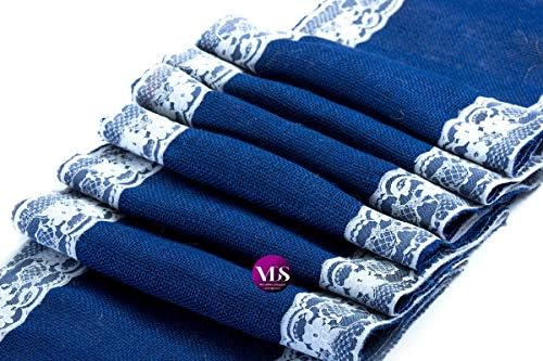 VDS Pack of 5, Burlap Table Runner with White Lace Edge, 100% Natural Jute Rustic Hessian Table Cloth Centerpiece for Wedding Birthday Party Banquet Table Decoration (Size 12X108 Inch)(Royal Blue) - Image 2