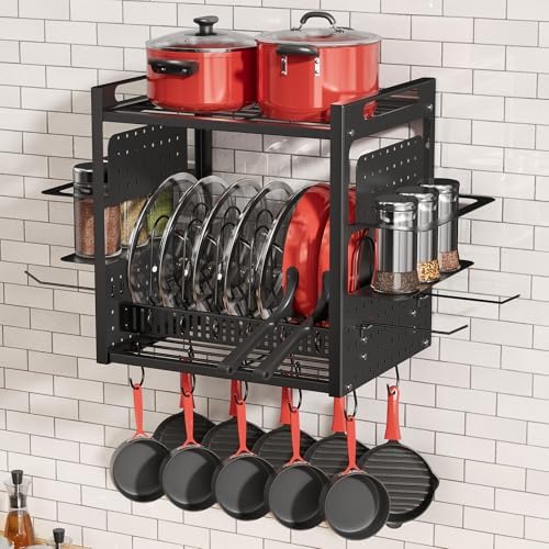 Wall Mounted 16" Pot Rack，2 Tier Kitchen Pots & Pan Organizer with 10 Hooks | Spice Rack & Pot Lid Holder, Heavy Duty Steel Pot and Pan Hanger for Kitchen Cookware Utensils Storage by FREEXPLOYER