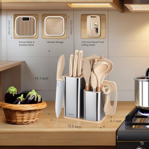 RAXCO Cooking Utensils Set,18-Piece Kitchen Utensils and Knife Set,Khiki | Food-grade Silicone Utensils Heat-resistant to 410°F,5-Piece Stainless Steel Kitchen Knife with Sharpener and Cutting Board - Image 3