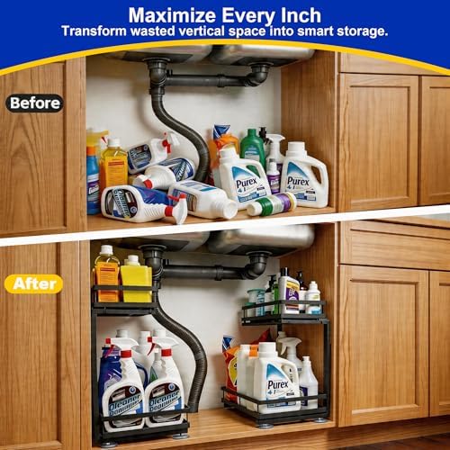 2-Tier Metal L-Shaped Pull-Out Under Sink Organizer, Black, 1 Pack - Image 5