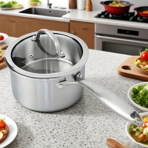 Stainless Steel Small Brushed Saucepan With Lid, Induction Cooking Sauce Pot Pans, 18/10 Tri-Ply Heavy Bottom Saucier Cookware, Dishwasher Safe & Oven Safe (1.5QT) - Image 3