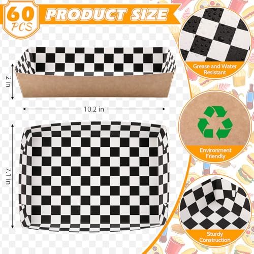 Norme 60 Pcs Paper Food Trays Black White Gingham Kraft Disposable - Image 2