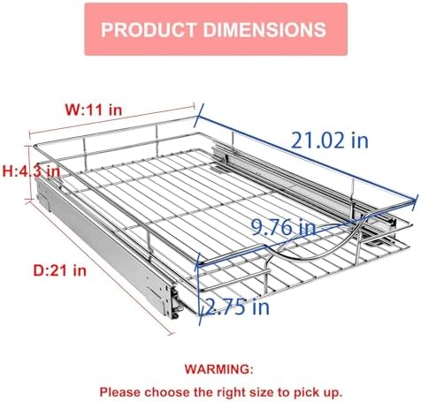 Sikarou Pull Out Cabinet Organizer 11" W x 21" D, Heavy Duty Kitchen Cabinet Pull Out Shelves, Slide Out Wire Basket for Kitchen Cabinets, Bathroom, Pantry, Chrome Finish - Image 2