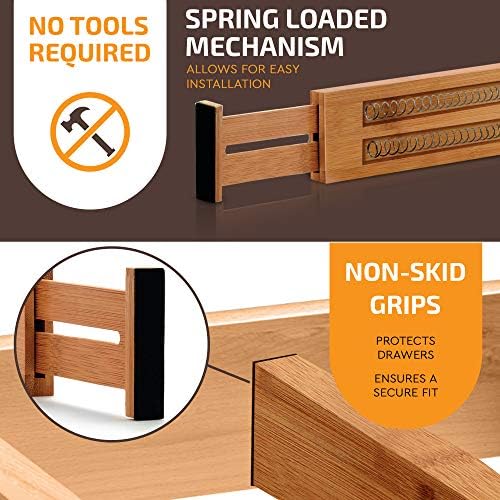 Adjustable Bamboo Drawer Divider Organizers - Fits Large Drawers Sized 17.5" Upto 22"- Expandable Kitchen Drawer Organizer Separators for Utensils, Dresser, Clothes, Bedroom, Bathroom 2-Pack, Natural - Image 5