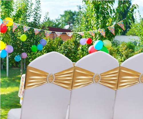 Gold Chair Sashes 50 Pack for Wedding Ceremony, Elastic Chair Bands Bows for Party Banquet Theme Hotel Restaurant Event Decorations (50 Pieces, Metallic Gold) - Image 2