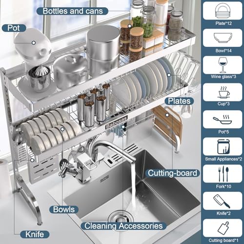 Over The Sink Dish Drying Rack,3 Tier Adjustable Length (25.5'' to 37.4'') Full Stainless Steel Large Storage Kitchen Dish Rack,For Kitchen Counter Expandable Multifunctional Organizers,Silver - Image 3