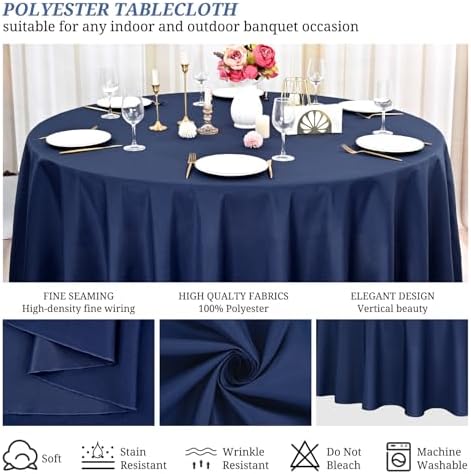 10 Pack Navy Blue Round Tablecloths,120 Inch Polyester Table Cloth - Image 3
