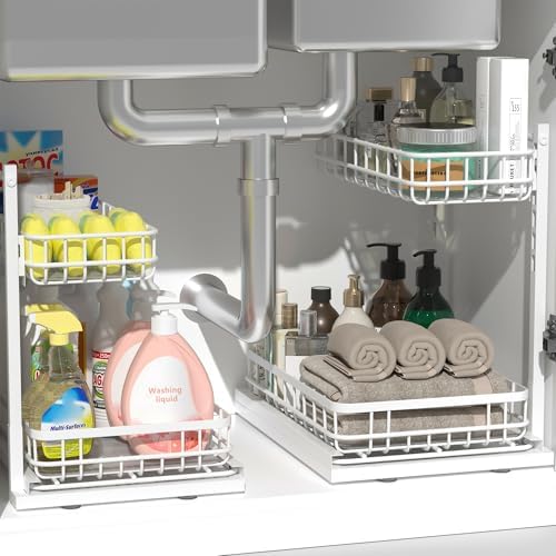 Under Sink Organizer, Adjustable Height Pull-Out Kitchen Storage Organization,15.8" x 11.8" x 16.5", 2-Tier Kitchen Shelf, Bathroom Drawer Organizer, 2 Pack|White by Unknown
