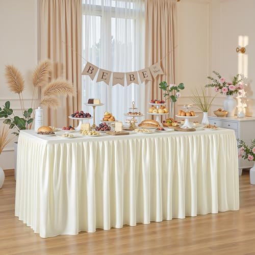 Wish Care Cream White Polyester Table Clothes for 8 Foot Rectangle Tables, Wrinkle Free Fitted Table Cover with Pleated Ruffle Table Skirt for Birthday Party Wedding Trade Show Event Display - Image 3