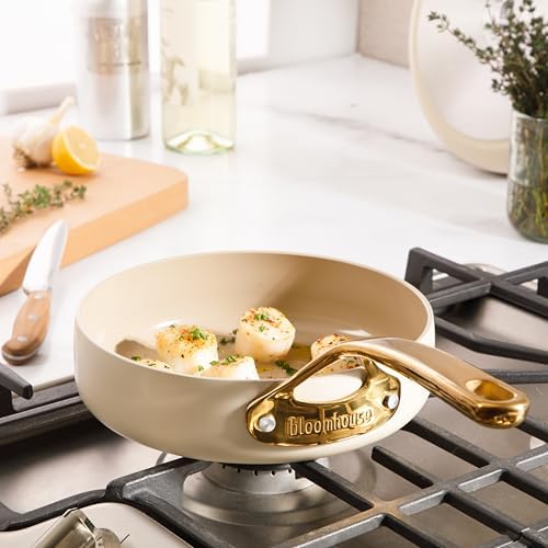 Bloomhouse - Two Time Oprah's Favorite Things Winner - 8 Inch Heavy Duty Aluminum Premium PFA Free Ceramic Nonstick Saute/Deep Frying Pan Skillet - Almond Cream w/Gold Handle - Image 5