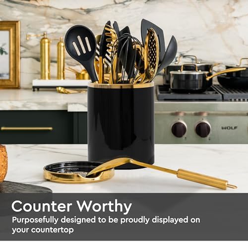STYLED SETTINGS Black and Gold Utensil Holder with Built-in Spoon Rest | 2-Piece Black and Gold Spatula Holder, Kitchen Accessory, Utensils Not Included - Image 3