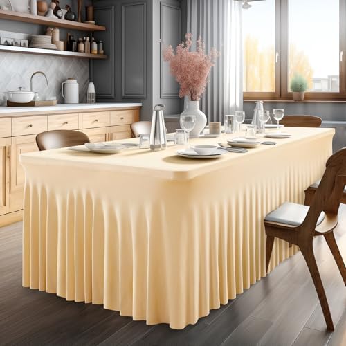 Wish Care 6 Pack Stretch Spandex Table Clothes for 8 Foot Rectangle Tables, 8FT Wrinkle Free Fitted Tablecloths Ruffles Design Table Cover for Party, Banquet, Wedding and Events - Image 3