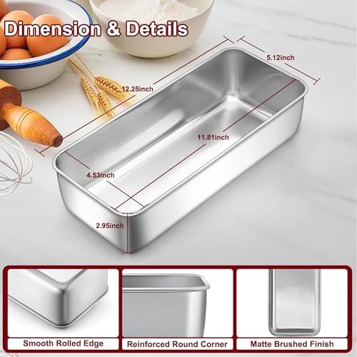 LIANYU 3 Pack 12 x 5 Inch Large Loaf Pans, Bread Pan Sets for Baking | Stainless Steel Deep Meatloaf Pans for Homemade Bread, Cakes, Sandwich, Solid & Durable, Dishwasher Safe - Image 2
