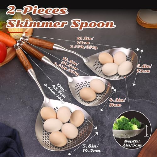 MARTE Skimmer Slotted Spoon,304 Stainless Steel Pasta Spider Strainer Ladle for Frying and Cooking,Kitchen Colanders & Food Strainers Set of 2，Slotted Spoon with Heat-Resistant Solid Wood Handle - Image 2