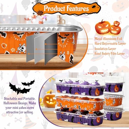 100Pack Halloween Mini Cake Pans Disposable Mini Loaf Pans with Lids and Spoons, 6.8Oz Aluminum Foil Pans Tins, Individual Dessert Cups Containers for Sales,Party,Picnics - Image 4