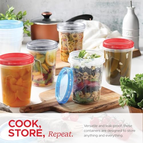 Tafura Freezer Containers, 12 Pack, 32 Oz, Assorted Color Lids | Twist-top screw-on closures help prevent spills during storage, transport, and meal prep. - Image 2