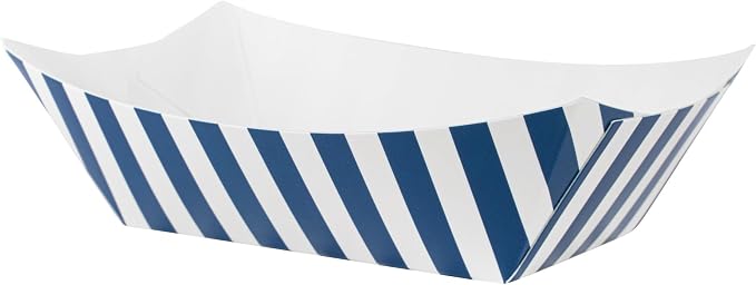 Restaurantware-Bio Tek 6 Ounce Boat Paper Boats, 50 Disposable #40 Food Trays - PE Lining, Durable, 4.88 x 4 x 1.5" Blue And White Striped Paper Food Baskets, For Concession Stands, Picnics, or Fairs - Image 2