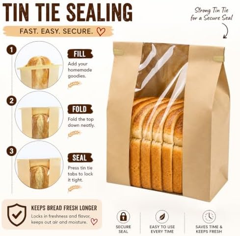 150 Pack Large Paper Sourdough Bread Bags with Tin Tie Tabs & 500 Stickers | 14" X 8.3" X 3.5" Kraft Bags with Clear Window Bread Bags for Homemade Bread, Bakery Display, Cookies, Popcorn and Gifts - Image 2