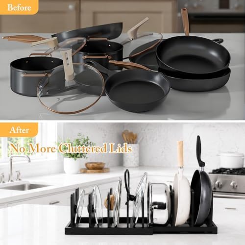 MinBoo Bamboo Expandable Pot Lid Organizer, Pot and Pan Organizer Drawer Organizer for Pot Lids, Adjustable 10 U-Shaped Dividers for Kitchen Cabinet Organizers and Storage,Black - Image 5