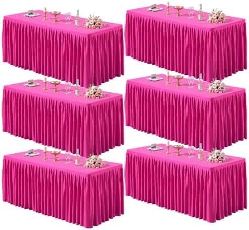 PARTISKY 6 Pack Hot Pink Tablecloths for Rectangle Tables 6ft, Wrinkle Resistant Spandex Table Cover Fitted Stretch Table Cloth with Pleated Ruffle Skirts for Party Banquet Dining Birthday Wedding by Partisky