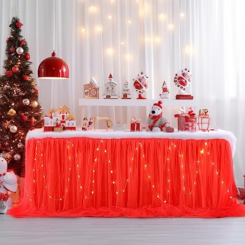 PARTISKY Red Tulle Tutu Table Skirt for Rectangle Tables or Round Table,Led Light String Table Cloth for Boys Girls Baby Shower Party Dessert/Cake Tables - Image 6