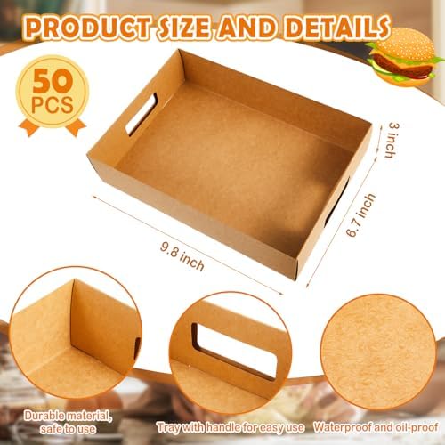 LemonRoad 50 Pack Cardboard Disposable Food Trays, Brown, 10" X 7" X 3" - Image 2