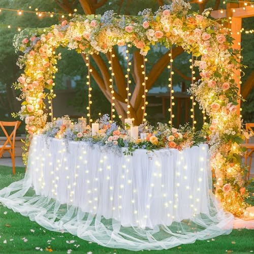 PARTISKY White Tulle Tutu Table Skirt for Rectangle Tables or Round Table,Led Light String Table Cloth for Wedding Baby Shower Birthday Party Dessert/Cake Tables by Partisky