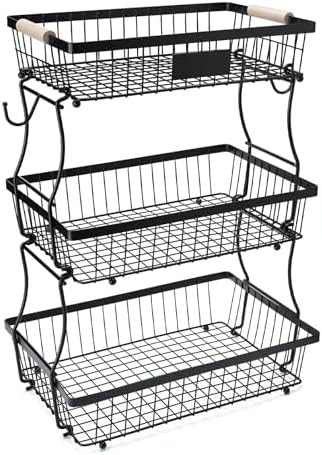 3 Tier Fruit Basket with 2 Banana Hangers, Mesh Basket Fruits Stand Produce Holder Organizer for Onion Potato Bread Snack Veggie Black by Lawhood-Mijin