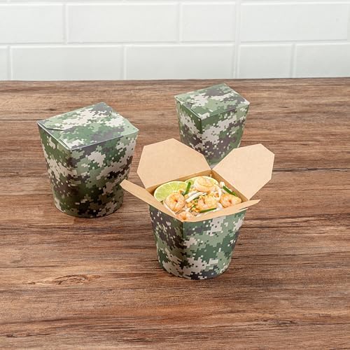 Bio Tek 4 x 3.4 x 3.7 Inch Food Containers, 50 Noodle Takeaway Boxes - Disposable, Sturdy, Camouflage Paper 26 Ounce Take Out Boxes, Round, For Hot Or Cold Foods - Restaurantware - Image 4
