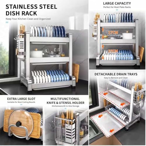 Large Dish Drying Rack Over Sink, Free-Standing Stainless Steel No Installation 2 Tier Organizer with Thick Columns, Nordic Style Storage Shelf - Image 6