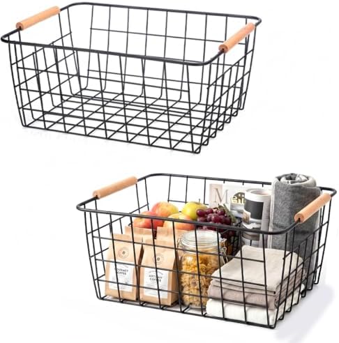 Metal Black Wire Basket,Food Storage Organizer with Wooden Handles, pantry organizers and storage for Kitchen shelf Cabinets potato onion, 2 Packs by HDYOUDO