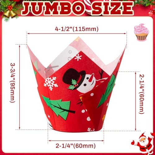 Motiskyy 300 Pcs Jumbo Muffin Liners for Baking 2-1/4" x 4" Large Tulip Cupcake Liners Greaseproof Cupcake Wrapper Paper for Weddings Birthday Christmas Anniversaries Party (Christmas Color) - Image 2