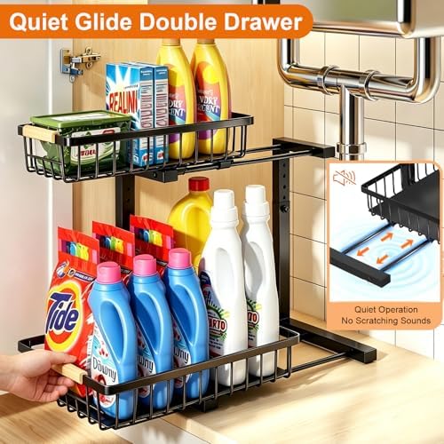 REALINN Under Sink Organizer, Adjustable 2 Tier Pull Out Kitchen Bathroom - Image 3
