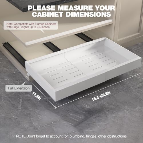 Seinloes 2 Pack Pull Out Cabinet Organizer 18" Deep,Full Extension 3 Slide Rails Slide Out Drawers With Raising Pad for Framed Cabinets,Expandable Width (15.4"-26.2"),No Drill Roll Out Shelf,White - Image 6