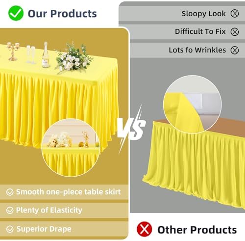 PARTISKY 2 Pack Yellow Tablecloths for Rectangle Tables 8ft, Wrinkle Resistant Spandex Table Cover Fitted Stretch Table Cloth with Pleated Ruffle Skirts for Party Banquet Dining Birthday Wedding - Image 2